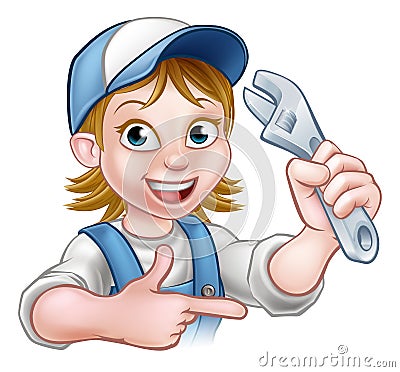 Cartoon Mechanic Plumber Woman Holding Spanner Vector Illustration