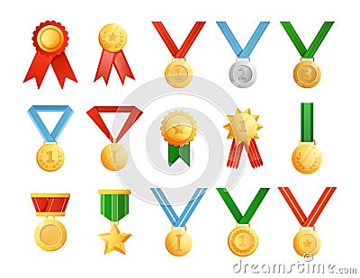 Cartoon medals. Golden silver and bronze awards for game UI or level progress. Competition or tournament rewards Vector Illustration