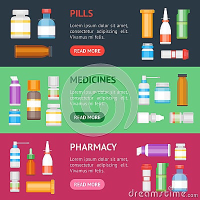 Cartoon Medicine Bottles for Drugs Banner Horizontal Set. Vector Vector Illustration