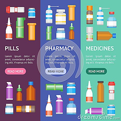 Cartoon Medicine Bottles for Drugs Banner Vecrtical Set. Vector Vector Illustration