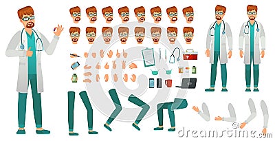 Cartoon medicine doctor creation kit. Medical man, healthcare medic and male doctor character constructor vector set Vector Illustration