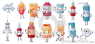 Cartoon medicine mascot. Cute happy pills characters kill bacteria and virus. Capsules, tablets in blister, pill and Vector Illustration