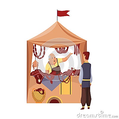 Cartoon medieval fair. Middle ages or fairy tale fair market with characters standing in costumes. Sell various food Vector Illustration