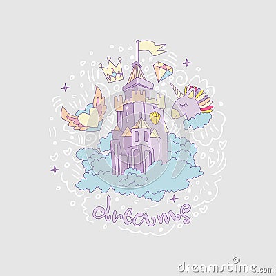 Cartoon medieval fun castle with flag and clouds concept. Magic cartoon castle for princess from fairy tale icon. Funny Vector Illustration