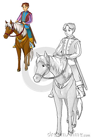 Cartoon medieval nobleman on a horse - with coloring page Cartoon Illustration