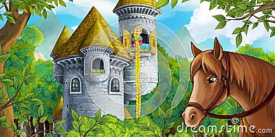 Cartoon medieval scene with tower and horse Cartoon Illustration