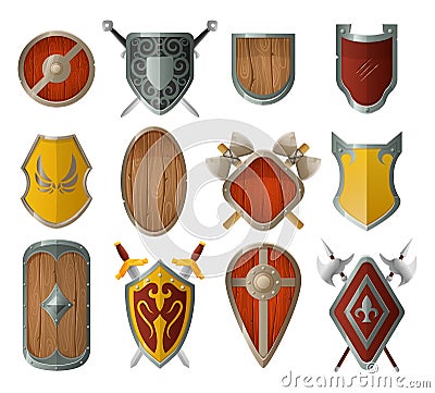 Cartoon medieval shield. Old castle decor, armor with crossed swords, wooden and metal shields vector set Vector Illustration