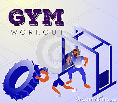 Cartoon men doing workout lesson in gym Vector Illustration