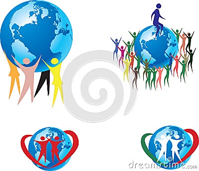 Cartoon of men supporting the earth raise the planet Vector Illustration