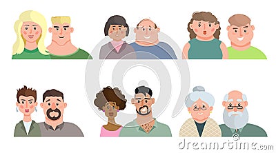 Cartoon men and women couples portraits set. Male and female various age people icons collection. Vector Illustration