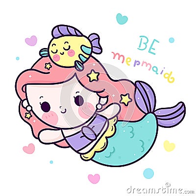 Cartoon Mermaid Cute with sleeping fish vector kawaii animal Vector Illustration