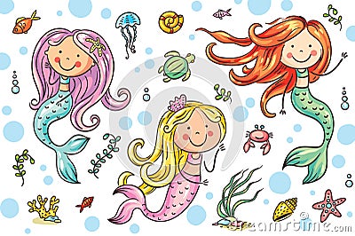 Cartoon mermaid and sea life set, vector Vector Illustration