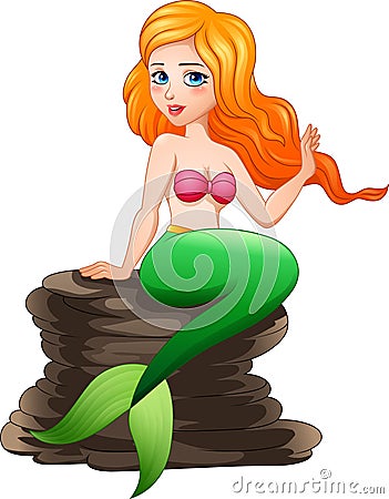 Cartoon mermaid, sitting on the rock Vector Illustration