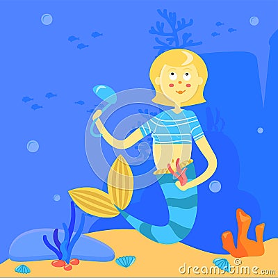 Cartoon mermaid with soup ladle and algae. Character on the background of the sea landscape. Underwater illustration Vector Illustration