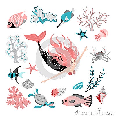 Cartoon mermaid surrounded by tropical fish, animal, seaweed and corals. Fairy tale character. Sea life. Vector Illustration