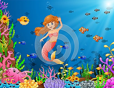 Cartoon mermaid underwater Vector Illustration