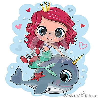 Cartoon Mermaid and whale on a blue background Vector Illustration