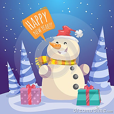 Cartoon Merry Christmas poster. Laughing snowman in Santa hat and scarf with gift boxes in forest. Vector Illustration