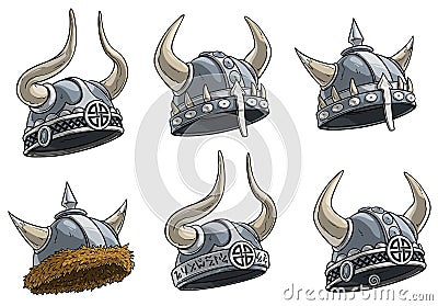 Cartoon metal viking helmet with horns vector set Vector Illustration