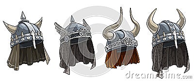 Cartoon metal viking helmet with horns vector set Vector Illustration