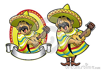 Cartoon of mexican man playing the guitar and singing Vector Illustration