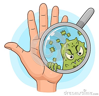 Cartoon microbe on the hand Vector Illustration