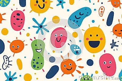 Cartoon microbes happily interacting in a colorful pattern within a light background. Generative AI Stock Photo