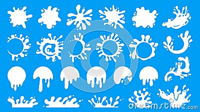 Cartoon milk splash. White liquid stains of various shapes, falling milky drop blots and round spatter stains. Vector Vector Illustration