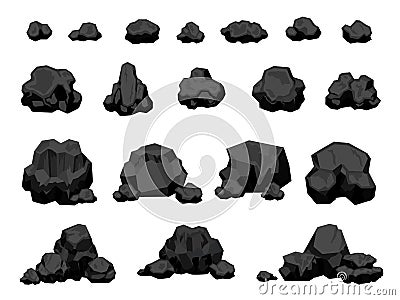 Cartoon mine black coal pieces and piles, burning material. Charcoal lumps for fire, natural energy power production Vector Illustration