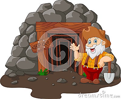 Cartoon mine entrance with gold miner holding shovel Vector Illustration