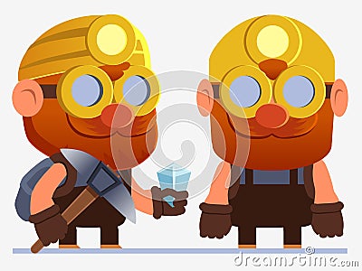 Cartoon miner in yellow helmet and glasses with red beard holding pickaxe and crystal. Striking Viking with axe. Stock Photo