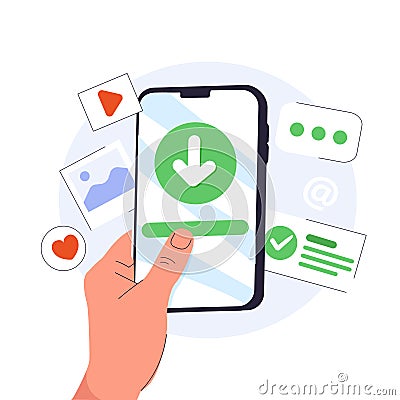 Cartoon mobile phone in hand with download data to cloud computing concept for file sharing and data transfer system. Vector Illustration