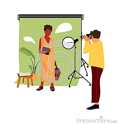 Cartoon model at photo studio. Vector professional photographer occupation, man taking pictures with professional camera Vector Illustration
