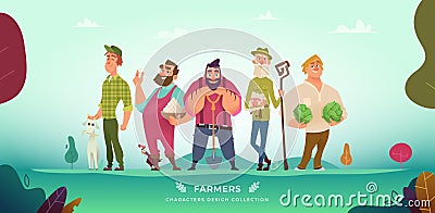 Cartoon modern collection of funny different farmers characters. Vector Illustration