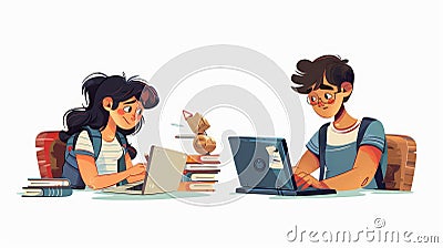 Cartoon modern illustration set of a male and female copywriter during the process of creating an essay. Illustration of Cartoon Illustration
