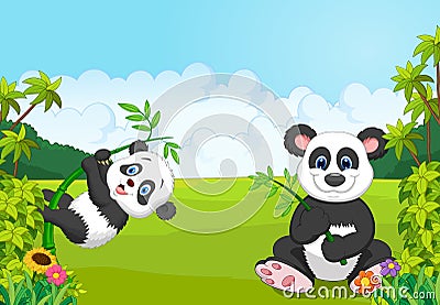 Cartoon mom and baby panda climbing bamboo tree Vector Illustration