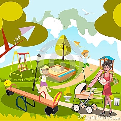 Cartoon mom with kids in the city park. Vector Illustration