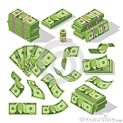 Cartoon money bills. Green dollar banknotes cash vector icons Vector Illustration