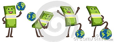 Cartoon money character plays with the planet as if with a ball. Conqueror Of The Earth Vector Illustration