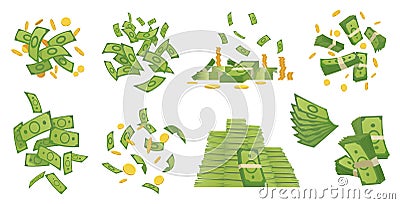 Cartoon money collection. Green banknote and gold coins cartoon vector illustration. Flying and rolls bills, stacks of Vector Illustration