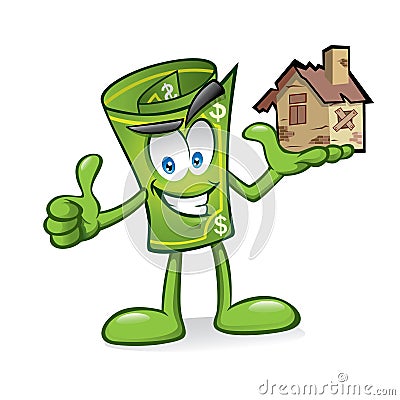 Cartoon money with damaged homes Vector Illustration