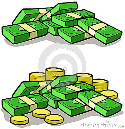 Cartoon money stack piles of cash and coins Vector Illustration