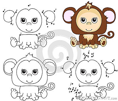 Cartoon monkey. Coloring book and dot to dot game for kids Vector Illustration