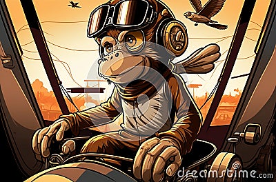 Cartoon Monkey Takes Flight as Pilot Stock Photo