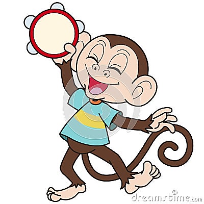 Cartoon Monkey Playing a Tambourine Vector Illustration