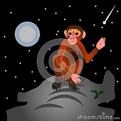 The Cartoon Monkey sits on a hill, with a raised hand gesture, Stock Photo