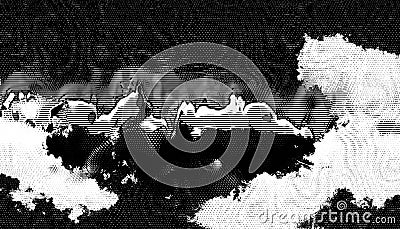 Cartoon monochrome engrave shapes background with random black noise in grey watercolor shadows. Black grunge noise stipple dots w Stock Photo