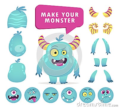 Cartoon monster creation kit, cute face set Vector Illustration