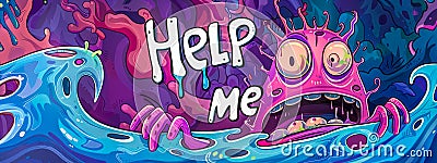 Cartoon monster crying for help in swirling waves Cartoon Illustration