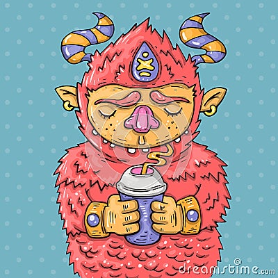 Cartoon monster drinking from a cup. Cartoon illustration in comic trendy style. Vector Illustration